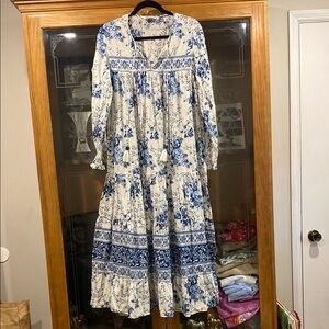 Zara Blue and White Pleated Sundress with Bishop Sleeves